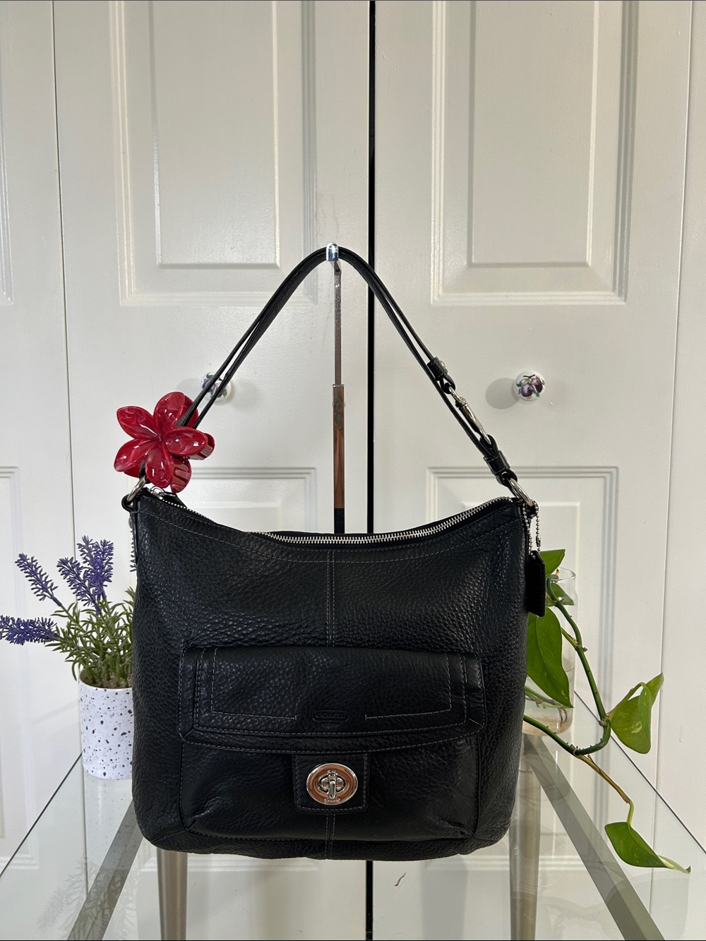 Coach Vintage Black Pebbled Leather Shoulder Bag with Turn-Lock Pocket